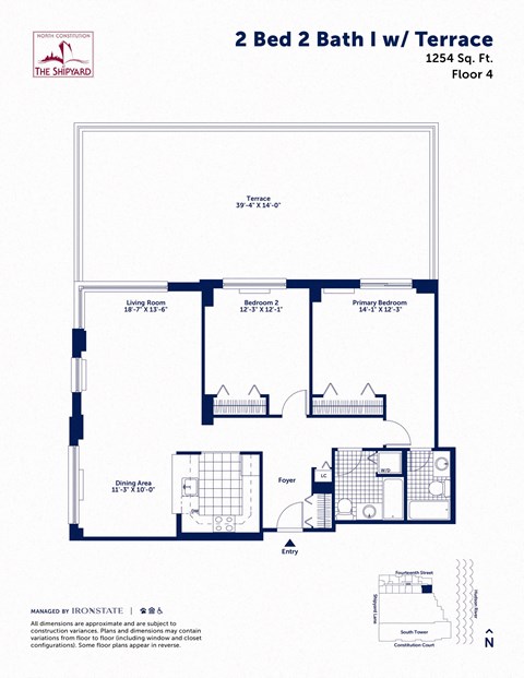 Floor plan for 2 beds, 2 baths, 1254 sqft